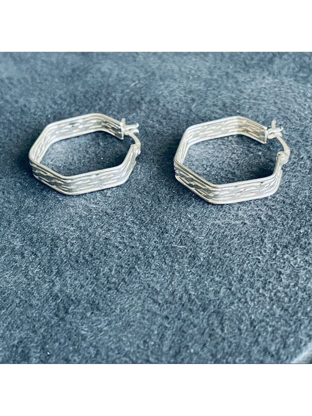 Hexagonal Textured Sterling Silver Hoop Earrings - Picture 5 of 9